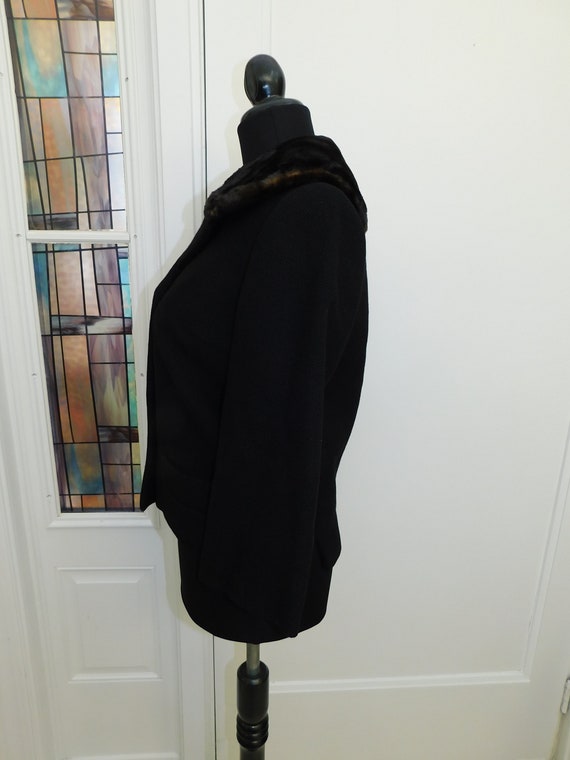 Vintage 1950s Black Wool Cropped Jacket Beaver Fu… - image 4