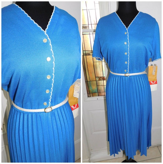 NOS 1970s Garden Party Blue White Knit Pleated Dr… - image 1