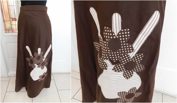 1970s Maxi Wrap Skirt Appliqued Long Skirt Brown W