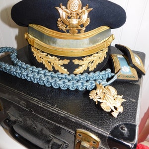 WWII Korean War Era 1940s Officers Military Hat and Hat Box LtCol US Army Infantry Dress Cover Luxenberg Epaulets, Fourragère, Badge