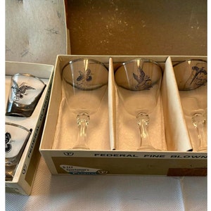 Set Federal Glass Sportsman&#39;s Cocktail Cordial Glasses Rumpus Set Game Birds Canvasback Grouse Canada Goose Ring Necked Pheasant Silver Rim