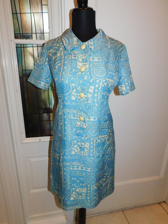 Vintage 1960s Teal Blue Ivory Sheath Dress Abstra… - image 2