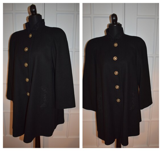 Vintage Black Wool Swing Coat Soutache Trim Duster