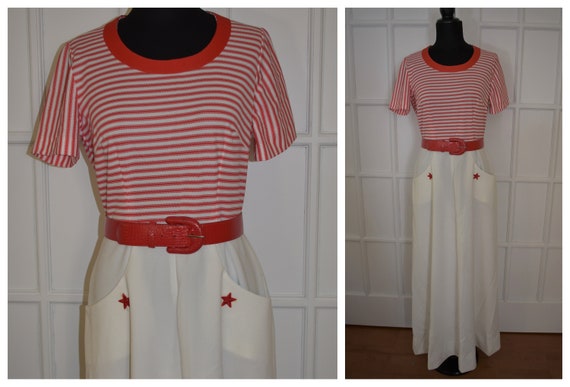Vintage 60s Maxi Sailor Dress, Navy Dress, Red Whi