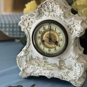 Antique Porcelain Mantel Clock by Waterbury Clock Co Dutch Windmill Scene Needs Work