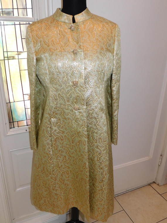 60s Chartreuse Brocade Cocktail Dress, Dress Coat… - image 8