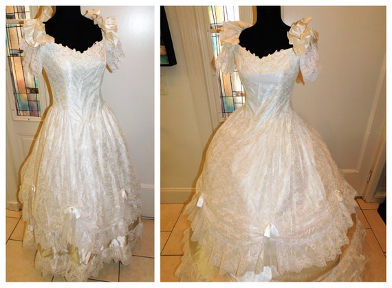 Vintage Prom Wedding Gown, Lace Satin White Ivory