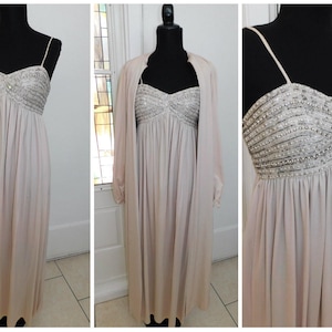 60s Champagne Rhinestone Beaded Evening Gown Victoria Royal LTD Jersey Knit Gown with Cover 60s Evening Gown Duster 34&quot; chest