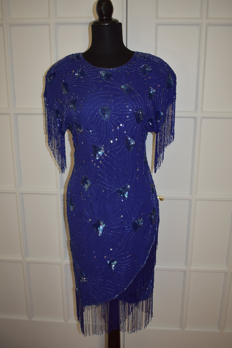Vintage Blue Silk Fringed Art Deco Gatsby Dress 80s Flapper Fringed Silk Beaded Gown 38 Chest