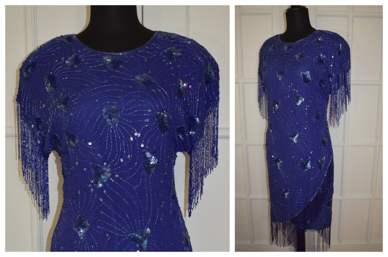 Vintage Blue Silk Fringed Art Deco Gatsby Dress 80s Flapper Fringed Silk Beaded Gown 38 Chest
