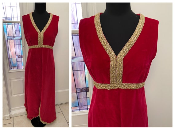 60s Red Velvet Christmas Gown Red Velvet Gold Trim