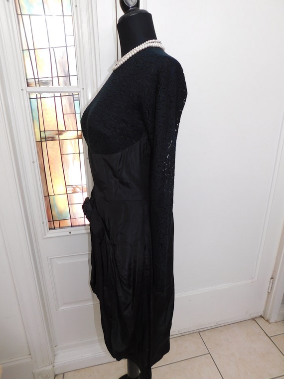 Vintage 1950s Black Crepe Rayon Lace nipped Waist… - image 5