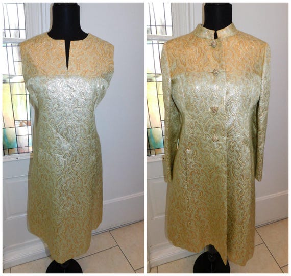 60s Chartreuse Brocade Cocktail Dress, Dress Coat