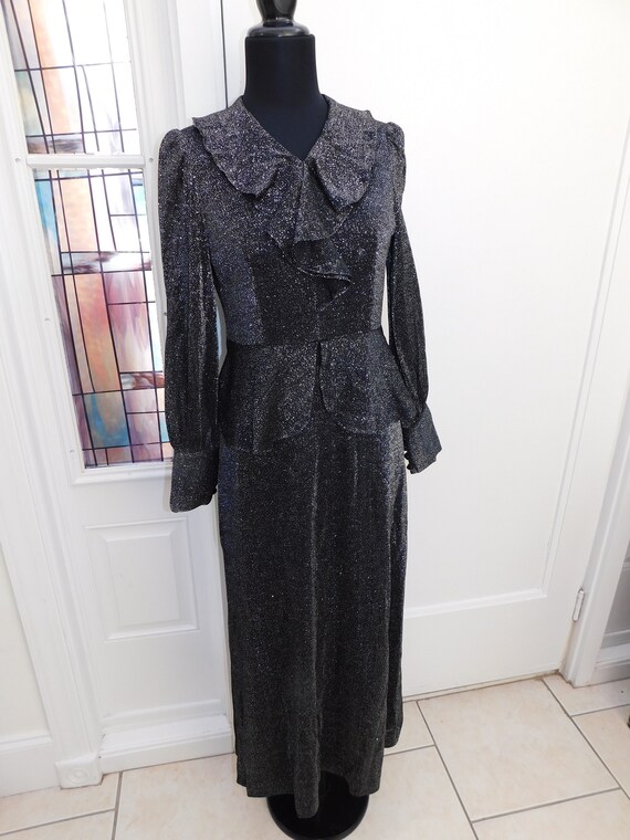 70s Ruffled Lurex Dress Metallic Peplum Gown Blac… - image 3