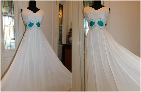 1950s White Aqua Gown Sequined Crepe Rayon Gown Fi