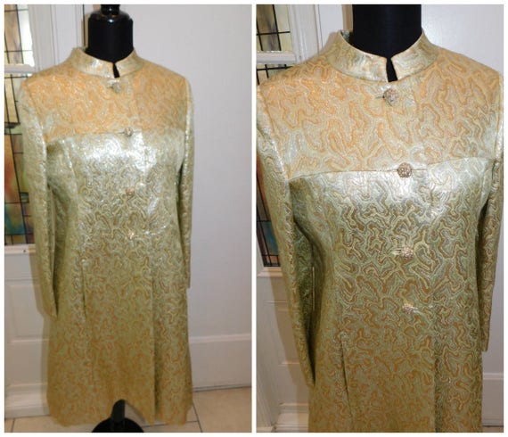 60s Chartreuse Brocade Cocktail Dress, Dress Coat… - image 5