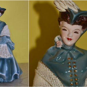 1950&#39;s Florence Ceramics California Teal Blue Camille Figurine 1950s Victorian Porcelain Figurine
