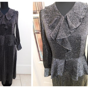 70s Ruffled Lurex Dress Metallic Peplum Gown Black Silver Metallic Poet Sleeve 70s Metallic Gown 36&quot; Chest