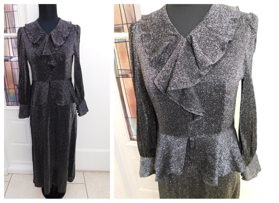 70s Ruffled Lurex Dress Metallic Peplum Gown Blac… - image 1