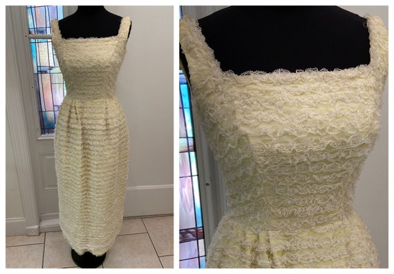 Vintage 60s Lace Formal Gown Tiered Lace Yellow Iv