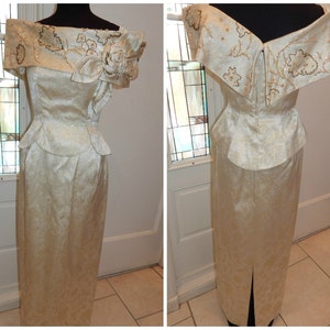 Vintage Old Hollywood Glam Gown| Wiggle Gown| Bridal Gown| Couture Off Shoulder Gown| Peplum Silk Brocade Formal Gown| Med/Large
