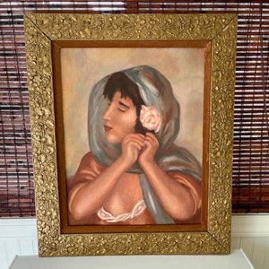 vintage Mid Century Expressionist Spanish Woman Portrait Painting Senorita Gesso Frame 30x 25
