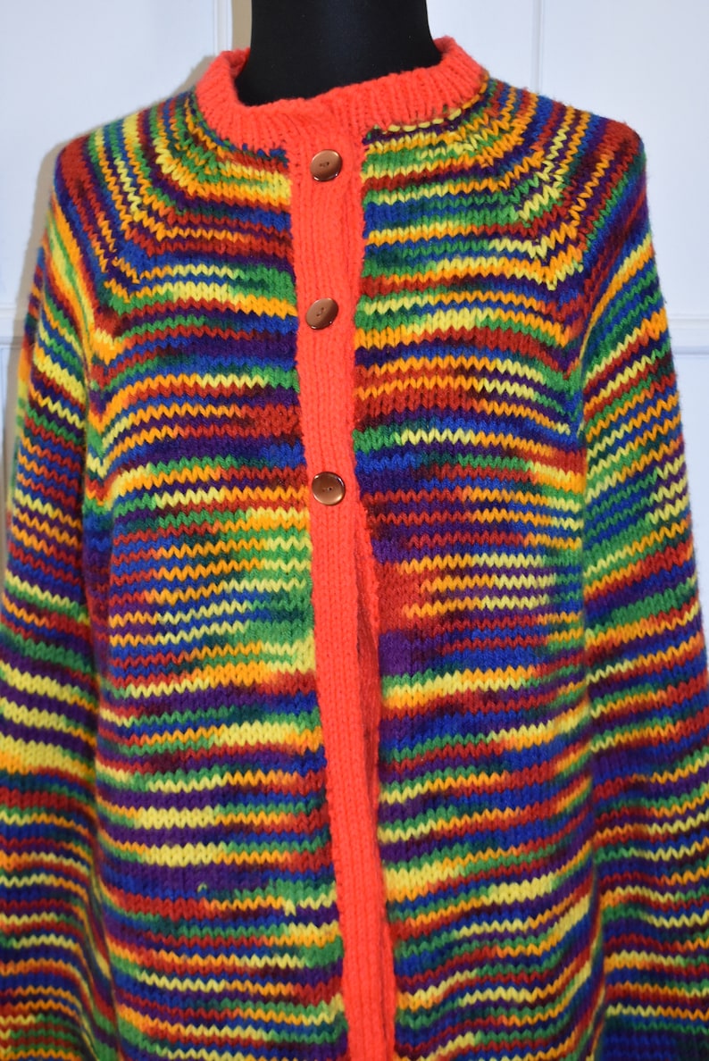 Vintage Hand Knit Rainbow Striped Fringed Poncho Multi-Color Boho Hippie Poncho Shawl Cape