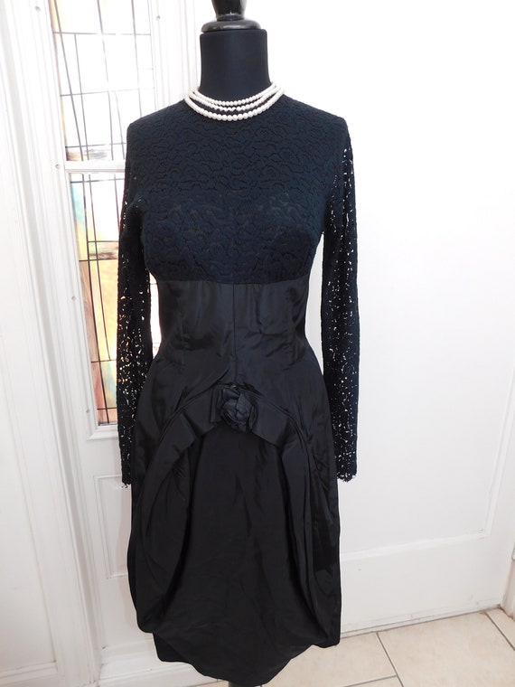 Vintage 1950s Black Crepe Rayon Lace nipped Waist… - image 2