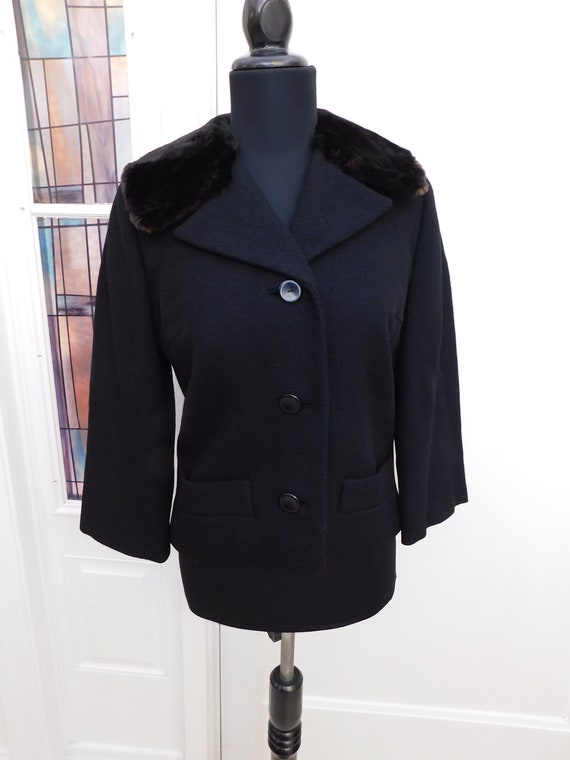 Vintage 1950s Black Wool Cropped Jacket Beaver Fu… - image 3