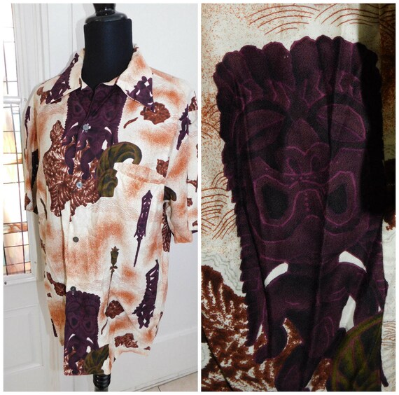 60's Mens Moai Tiki Hawaiian Shirt Easter Island P