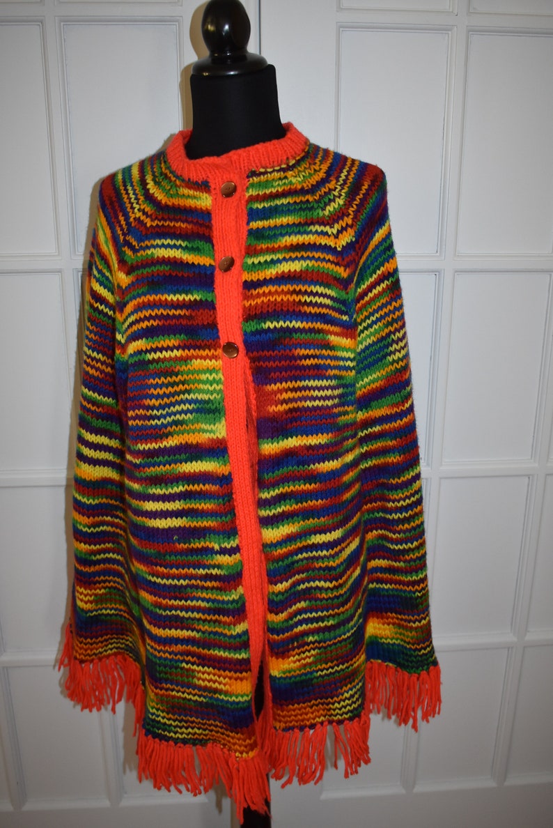 Vintage Hand Knit Rainbow Striped Fringed Poncho Multi-Color Boho Hippie Poncho Shawl Cape