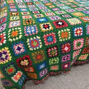 Vintage Crocheted Granny Square Afghan Handmade Afghan Blanket King Size Afghan Blanket Crochet Multi Color Rainbow 115&quot; x 111&quot;