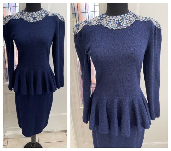 Vintage 1940s Style Navy Blue Peplum Sheath Dress