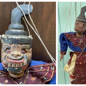 Antique Vintage Burma Burmese Handcarved Wooden Marionette String Puppet 18&quot; inches with Handle