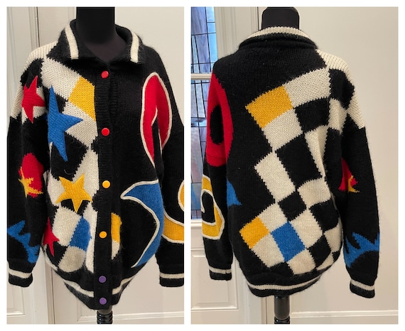 90s Pop Art Oversized Mohair Blend Sweater Stars V