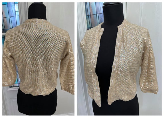 1950s Gold Sequined Beaded Cardigan Style Pinup S… - image 1