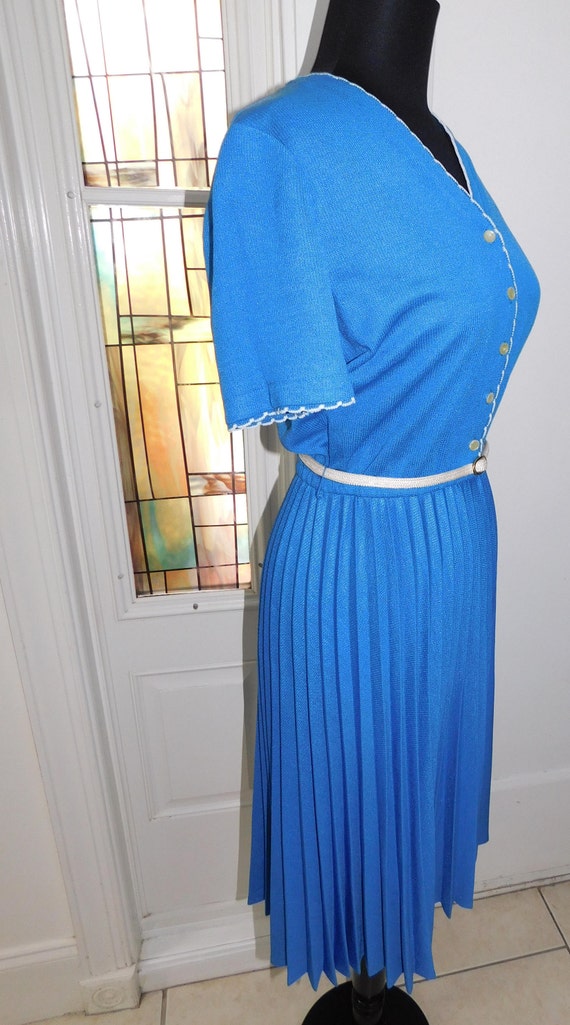 NOS 1970s Garden Party Blue White Knit Pleated Dr… - image 8