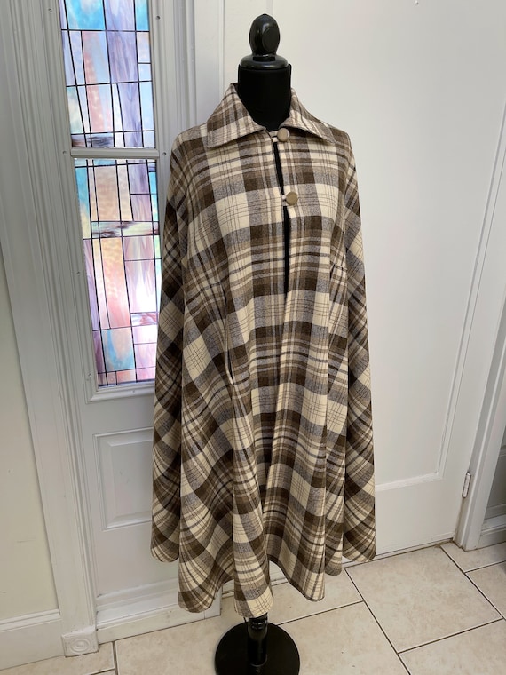 Vintage 1960s Brown Plaid Wool Poncho Cape 60s Woo