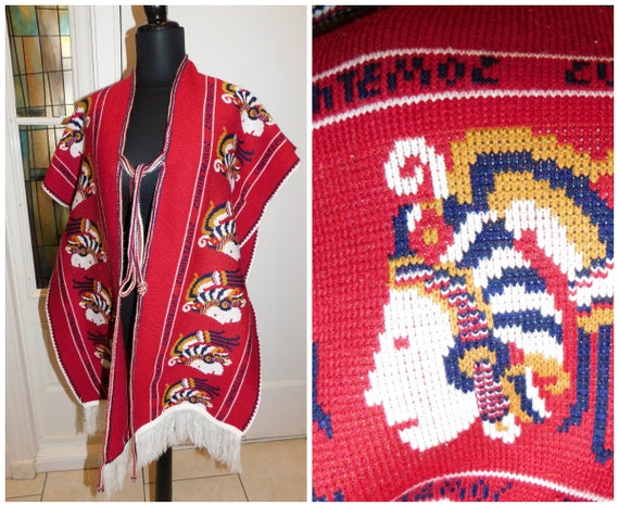 70s Southwestern Poncho Vest Wrap Boho Mexican Kni