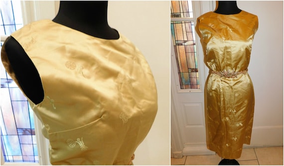 Vintage Gold Silk Asian wiggle dress • vintage 50… - image 1