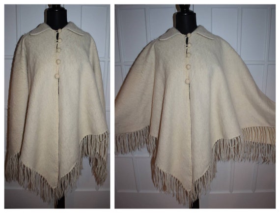 Vintage Mohair Poncho Tan Cream Wool Fringed Ponch