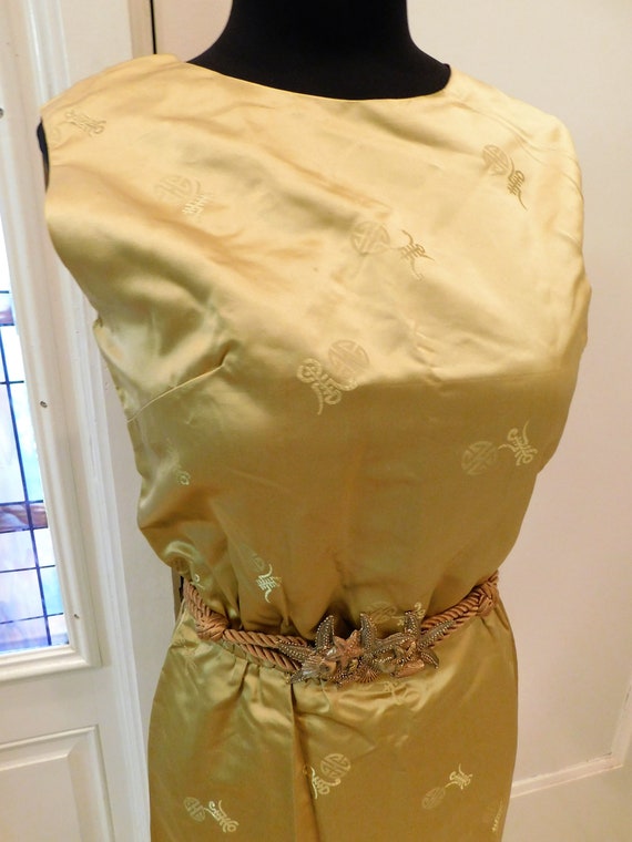 Vintage Gold Silk Asian wiggle dress • vintage 50… - image 3