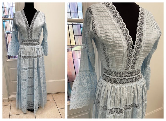 Vintage 50s Sheer Pastel Blue Lace Gown Lace Spani