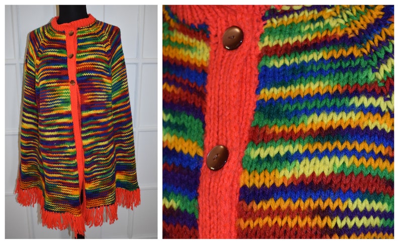 Vintage Hand Knit Rainbow Striped Fringed Poncho Multi-Color Boho Hippie Poncho Shawl Cape