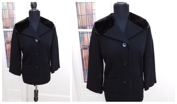 Vintage 1950s Black Wool Cropped Jacket Beaver Fur