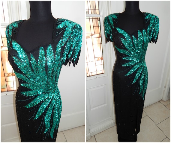 80s Beaded Gown| Art Deco Gown| Winged Feather Le
