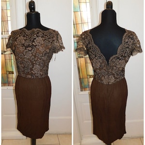 1950s silk & lace wiggle dress • vintage 50s dress • hourglass Brown evening cocktail dress 36" chest