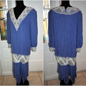 Vintage Silk Art Deco Flapper Gatsby Style Heavy Beaded Drop Waist Gown Judith Ann Creations Beaded Silk Gown Plus Size