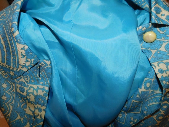 Vintage 1960s Teal Blue Ivory Sheath Dress Abstra… - image 9