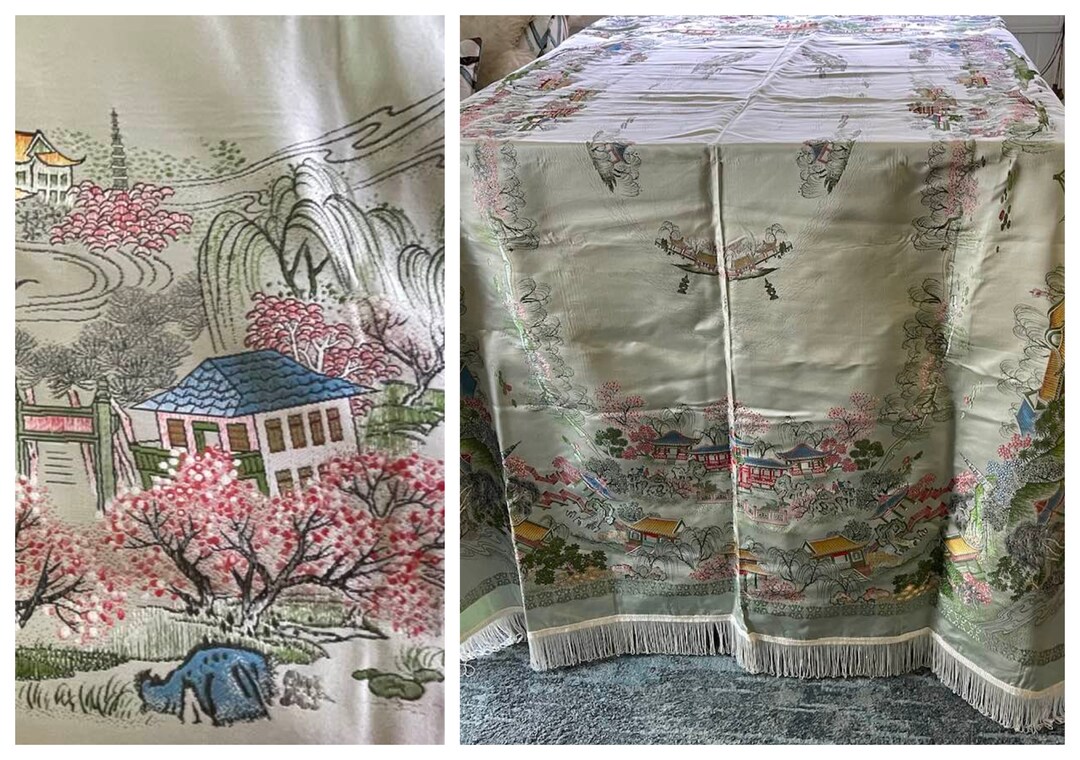 Vintage Silk Brocaded Flowers China Tapestry Table Cloth Chinese